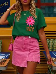 DrmWander 女士T恤，休闲街头风印花短袖T恤，可爱夏季上衣，女士度假套装，花朵图案套装，女士夏季套装，女士春季套装，女士复古套装，女士夏季两件套，女士套装，复古套装，女士活力T恤，印花T恤，粉色短裤套装 - 綠色 - 查看 2