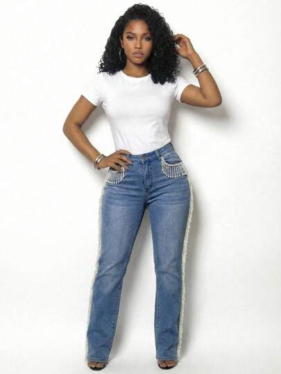 Slaydiva Plus Size Fashion Beaded Tassel Decor Slim Fit Jeans