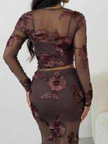 SHEIN Allurite 女士提花网纱不对称肩部长袖上衣和修身中长裙两件套 - 棕色 - 查看 10