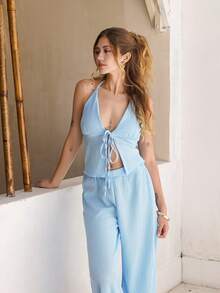 Ananda Vibes Bộ Quần Ống Rộng Cổ Rộng Xếp Ly Vải Họa Tiết - Màu xanh lam - Xem 6
