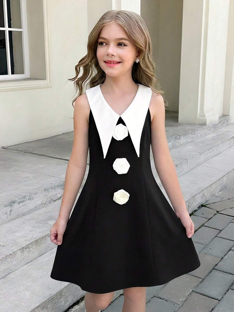SHEIN Tween Girl Floral Decor Contrast Collar Sleeveless Black And White Dress,Summer Cute Modest Elegant Evening Party Formal Kids Mother Daughter Outfit - Black - View 1