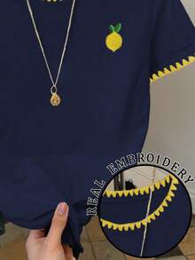 Resyla Áo thun nữ kiểu dáng thường ngày, viền tương phản, thêu họa tiết, thích hợp cho mùa hè. - Màu xanh hải quân - Xem 4