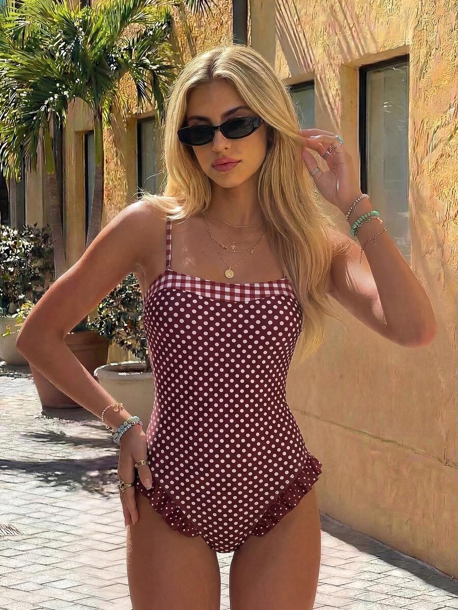 Swim Chiccia 女士新款波点格子随机印花吊带优雅度假连体泳衣，春夏款 - 彩色 - 查看 1
