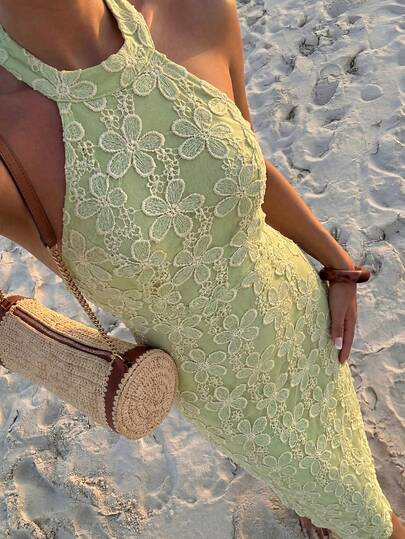 Firerie Women's New Elegant Romantic Date Party Vacation Back To School Sleeveless Embroidered Chiffon Backless Bodycon Dress, Green Women Elegant Outfits Womens Dress Formal Wear