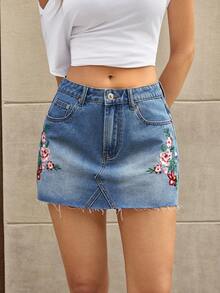 Selenza Casual A-Line Slimming Vacation Mature Embroidered Denim Mini Skirt For Women Summer - Medium Wash - View 1
