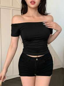 DAZY 女士弹力性感露肩短款黑色绷带上衣，春夏款 - 黑色 - 查看 6