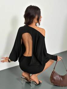 SHEIN Tall Đầm ngắn ôm sát người màu nâu cà phê dệt kim, thiết kế bất đối xứng vai và hở lưng dành cho nữ. - màu đen - Xem 1