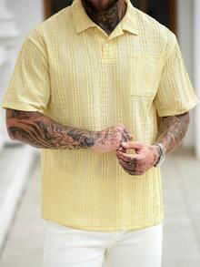 Manfinity Homme Men's Pale Yellow Short Sleeve Polo Shirt,Textured Stripe Design Collared Neckline,Casual Summer Vacation Cuban Style Retro Streetwear,Old Money Y2k - Yellow - View 6