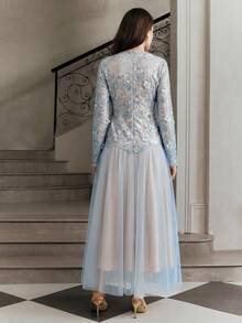 Anewsta Elegant Silver Floral Mesh Sequin Long Sleeve Dress, Suitable For Formal Events And Dates - Silver - View 2