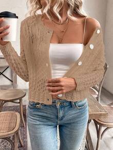 EMERY ROSE Women's Round Neck Hollow Front Button Cardigan, Autumn/Winter Knitted Sweater Jacket Back-To-School Golf White Sexy - Orange - View 6