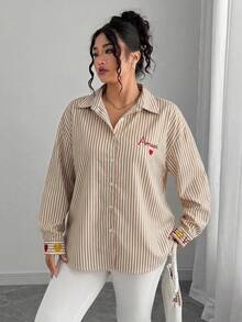 Elenzga 大码女式法式条纹刺绣爱心衬衫 女士衬衫 细条纹衬衫 刺绣衬衫 定制衬衫 长袖衬衫 - 卡其色 - 查看 3