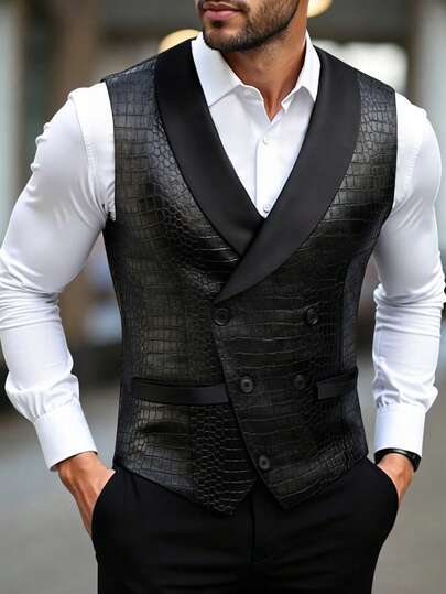 Manfinity Mode Men's Business Casual Textured Jacquard Suit Vest, With Shawl Neck Design For More Style And Layering, Suitable For Commuting, Business, Party And Banquet Occasions. This Suit Vest Is An Indispensable Versatile Item In Men's Wardrobe, Making It An Excellent Gift For Boyfriends Or Husbands,Men Old Money,Daily Leisure, Weekend Trips, Outdoor Activities, Travel Expeditions, Relaxed Work Environments Or Semi-Formal Occasions, Boyfriend/Husband Gift, Anniversary /Birthday Gift Party Summer Vacation Holiday,Wedding,Spring To Summer,Easter,Y2k,Vintage,Mens Stylish Black Crocodile Pattern Double Breasted Sleeveless Suit Vest,Black Suit Vest Men,Double Breasted Vest Men,Men Waistcoat,Wedding Vest For Men