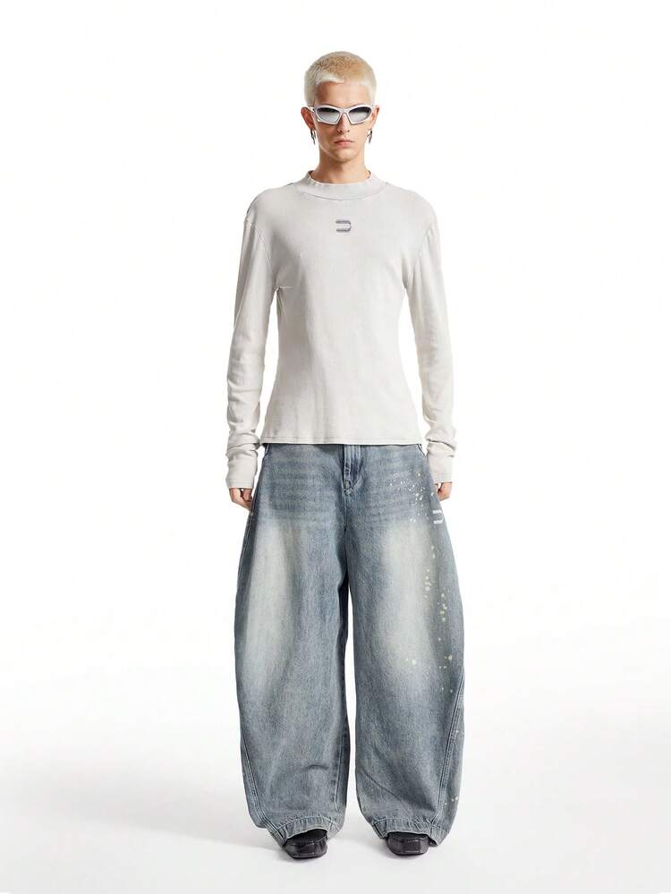 Men's Casual Splatter Wash Wide Leg Blue Jeans With Slant Pockets