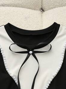 SHEIN Franclia 女士春夏新款黑杏色撞色珍珠装饰领蝴蝶结腰部A字中长连衣裙，适合通勤、日常、派对、度假、约会等场合。 - 彩色 - 查看 8