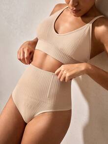 Veilyse High Waisted Tummy Control Rib Knit Shapewear Thong For Women Comfortable Everyday Wearfor Summer - Beige - View 8