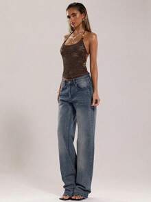 SHEIN BAE 女士休闲度假纹理针织海星串珠装饰吊带背心，适合海滩度假、姐妹休闲出游、音乐节、Y2K风格、纹理上衣、度假休闲纹理上衣、法国南部度假、巴厘岛度假、伊比沙岛度假、沙滩上衣 - 巧克力棕 - 查看 4