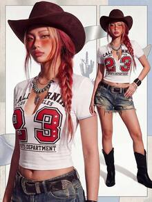 Rina Fox Women's Letter Print V-Neck Short Sleeve Casual T-Shirt - White - View 2