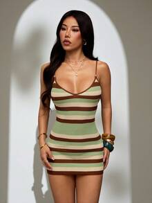 SHEIN PETITE 女士春夏新款针织钩编交叉露背条纹波西米亚连衣裙,优雅度假连衣裙,夏季女装,适合音乐节、锐舞派对、乡村音乐会、乡村音乐会等场合,可作为夏日连衣裙、西部牛仔服饰穿着,适合夏季穿着,适合度假或波西米亚风格。 - 彩色 - 查看 8