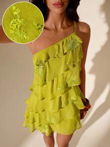 Glamine Đầm nữ màu xanh lá cây, kiểu dáng lãng mạn, xếp ly, bất đối xứng, thích hợp cho kỳ nghỉ và hẹn hò. - màu xanh lá - Xem 4