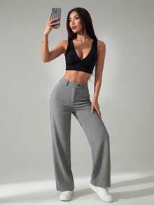 SHEIN PETITE Quần thời trang màu trơn cho nữ, phù hợp cho mùa hè - Xám - Xem 7