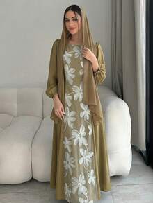 Yasmyna 女士优雅阿拉伯风格灯笼袖连衣裙，饰有3D立体花卉图案 - 軍綠色 - 查看 6