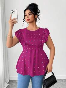 Elenzga Plus Size Women's Summer Magenta Cute Heart Print Short Sleeve Top,Everyday Fashionable Pleated Puff Sleeve Slim Fit Blouse Valentine's Day Smock - Hot Pink - View 6
