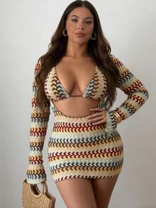 Swim SXY 2026新款夏季沙滩度假性感泳装三件套：性感彩色镂空条纹罩衫、三角比基尼套装、大码女士春夏泳装套装 - 黑色 - 查看 7