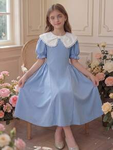 Pitira Abito elegante e casual da ragazza tween per occasioni speciali, con colletto Peter Pan, maniche a sbuffo, orlo arricciato, dettaglio fiocco, colore blu, adatto per /estate, uso all'aperto e occasioni di festa. Abiti eleganti da ragazza con colletto. - Blu e Bianco - Visualizzare 4