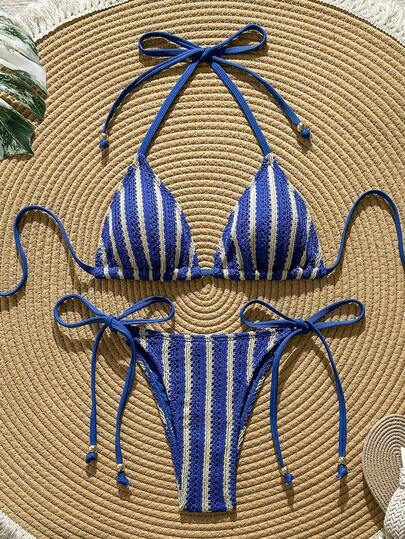 Swim Vcay Bộ bikini tam giác buộc dây cổ kẻ sọc dành cho nữ, thích hợp cho kỳ nghỉ hè.