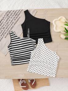 女童休闲度假条纹波点蕾丝吊带背心，柔软时尚设计，适合夏季、度假、旅行、校园和日常穿着。 - 黑色 - 查看 4