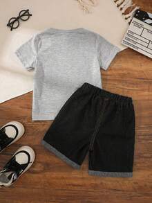 SHEIN Little Byeori 2pcs/Set Kids Boys Casual Versatile Comfortable Letter Print Pattern Crew Neck Loose Pullover Short Sleeve T-Shirt And Denim Shorts Set - Black - View 2