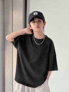 SHEIN 儿童/青少年男童休闲水洗色宽松圆领短袖针织T恤，适合上学、花园、海滩、生日、春季、夏季、秋季、冬季穿着。 - 黑色 - 查看 8