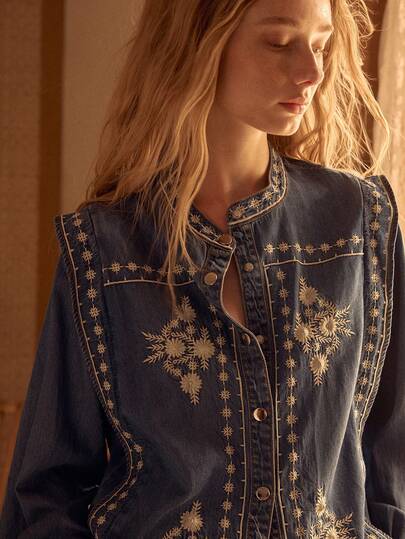 MOTF STUDIO 女士牛仔刺绣荷叶边袖宽松衬衫，春秋季