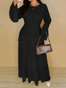 Vionelle Plus Size Solid Color Round Neck Ruffle Hem Elegant Long Sleeve Dress - Black - View 4