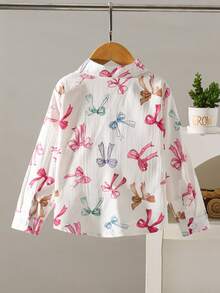 SHEIN Áo sơ mi dài tay in kỹ thuật số hình hoạt hình nơ cho bé gái - trắng - Xem 2
