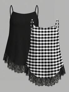 SHEIN EZwear 2件組休閒度假風黑白格紋印花大尺碼女款細肩帶背心上衣，適合夏季、海灘、音樂節 - 彩色 - 查看 1