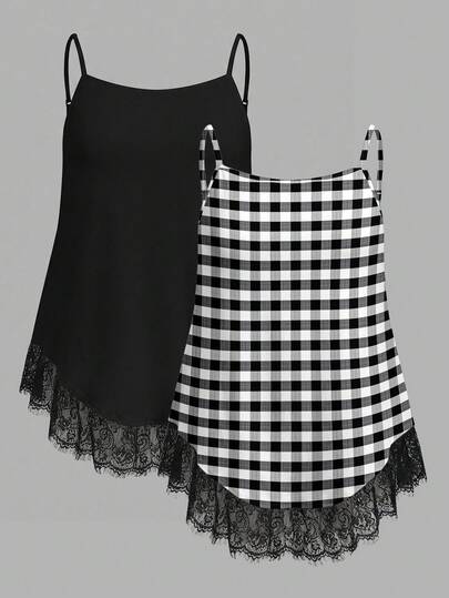 SHEIN EZwear 2pcs/Set Casual Vacation Black & White Plaid Print Plus Size Women Camisole And Tank Top, Suitable For Summer, Beach, Music Festival