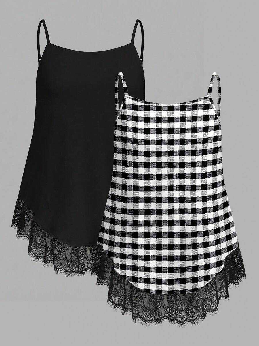 SHEIN EZwear 2件組休閒度假風黑白格紋印花大尺碼女款細肩帶背心上衣,適合夏季、海灘、音樂節 - 彩色 - 查看 1