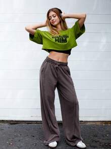 Ananda Vibes 女士字母刺绣落肩宽松休闲短袖圆领 T 恤 - 橄欖綠 - 查看 4