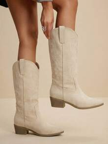 Daringsoles Giày bốt cao đến giữa bắp chân dành cho nữ, phong cách Bohemian miền Tây, thích hợp cho các buổi tiệc, lễ Giáng sinh, trang phục Halloween. - Màu be - Xem 5