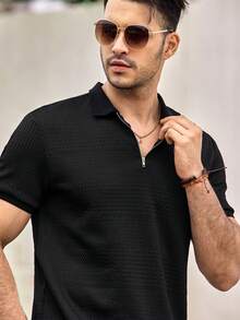 Mercer Haus Men's Summer Casual Solid Color Textured Fabric Half Zip Short Sleeve Polo Shirt & Shorts Set , Suitable For Summer Tropical Holiday Vacation In Hawaii. - Black - View 7