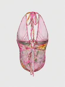 ROMWE Y2K性感露背上衣，粉色水钻装饰，海岛度假复古风 - 粉色 - 查看 2