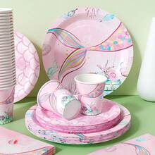 粉色美人鱼海底主题一次性餐盘、餐巾纸和杯子，派对用品套装，可供 24 人使用，一次性纸质派对餐具，适合生日、婚礼、主题派对、家庭野餐。 - 查看 3