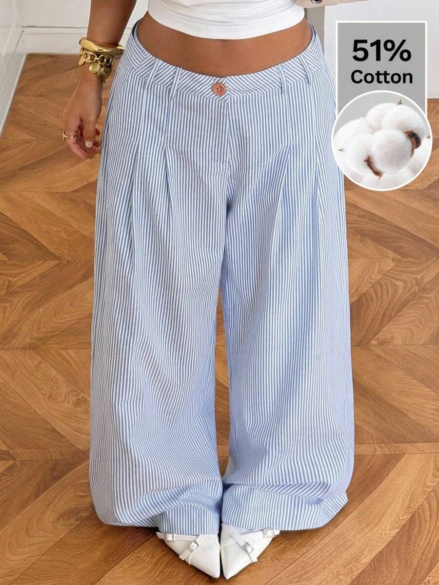 SHEIN EZwear 休闲通勤蓝色条纹梭织阔腿裤 - 藍白色 - 查看 1