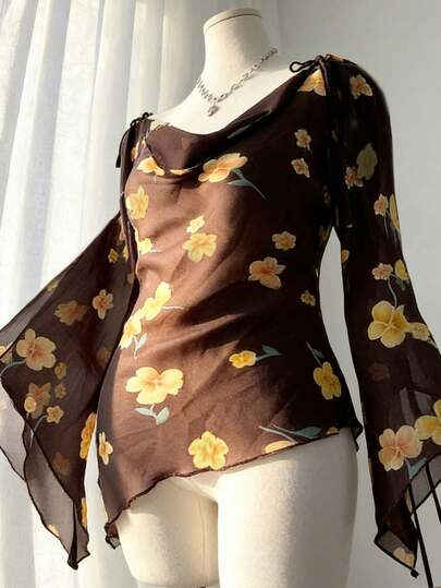 DreamSkyne Blusa de cuello con lazo de color café con estampado, elegante y minimalista para uso diario, citas y vacaciones para mujeres de talla grande