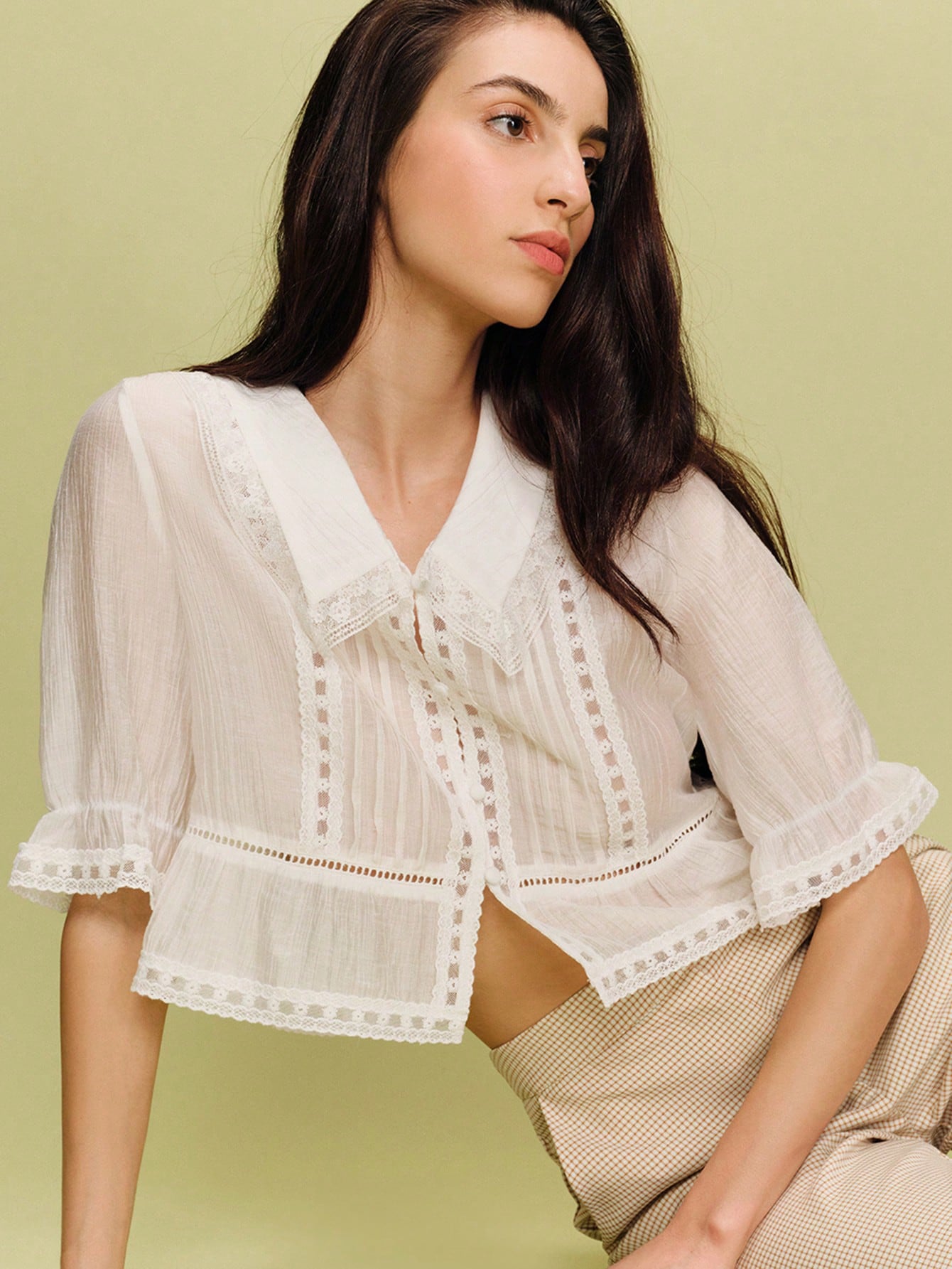 Vintage Inspired White Lace-Trim Blouse With Oversized Collar Spring Summer French Style Parisian Style Office Outfit Going Out Vintage Top Cute Summer Top Holiday Top Cute Top White Vintage Top