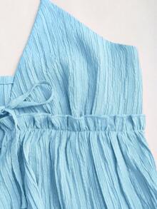 Sweetra Women's Romantic Tie-Front Asymmetric Hem Halter Top And High Waist Elastic Waist Textured Pants 2 Pieces Set - Blue - View 8