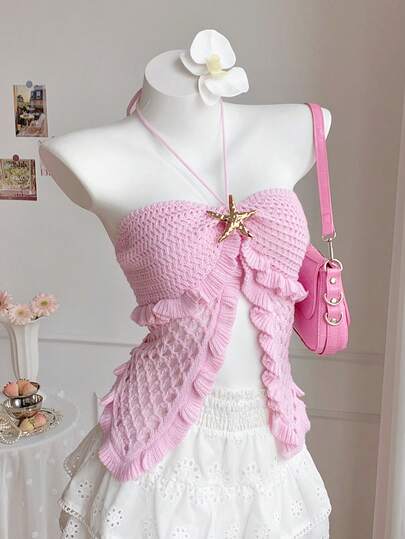 Comfortcana 女士纯色吊带荷叶边针织夏季背心