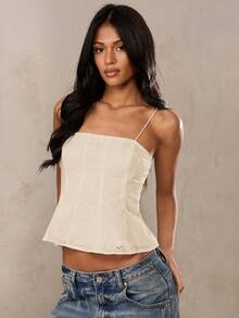 SHEIN BAE Áo hai dây croptop màu trắng, chất liệu pha lanh, thêu hoa 3D, thích hợp cho mùa hè, đi biển, kỳ nghỉ ở miền Nam nước Pháp, Ibiza, Ý. - Màu be - Xem 5
