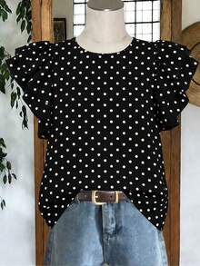 EMERY ROSE Camiseta casual versátil de mujer con cuello redondo, mangas con volantes y estampado de lunares, nueva llegada de primavera/verano - Multicolor - Ver 4